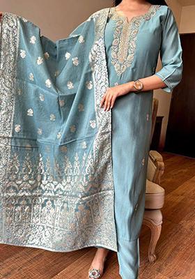 Grey Thread Embroidered Viscose Kurta Set With Dupatta