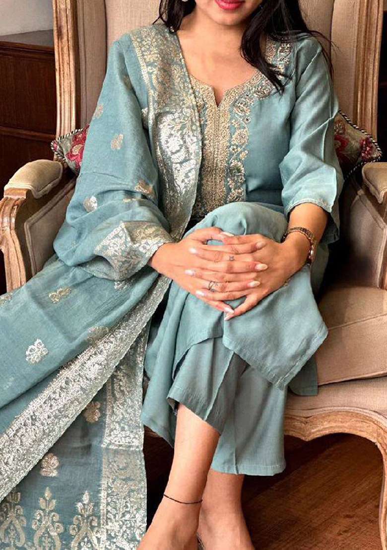 Grey Embroidered Viscose Straight Kurta Set - Indya