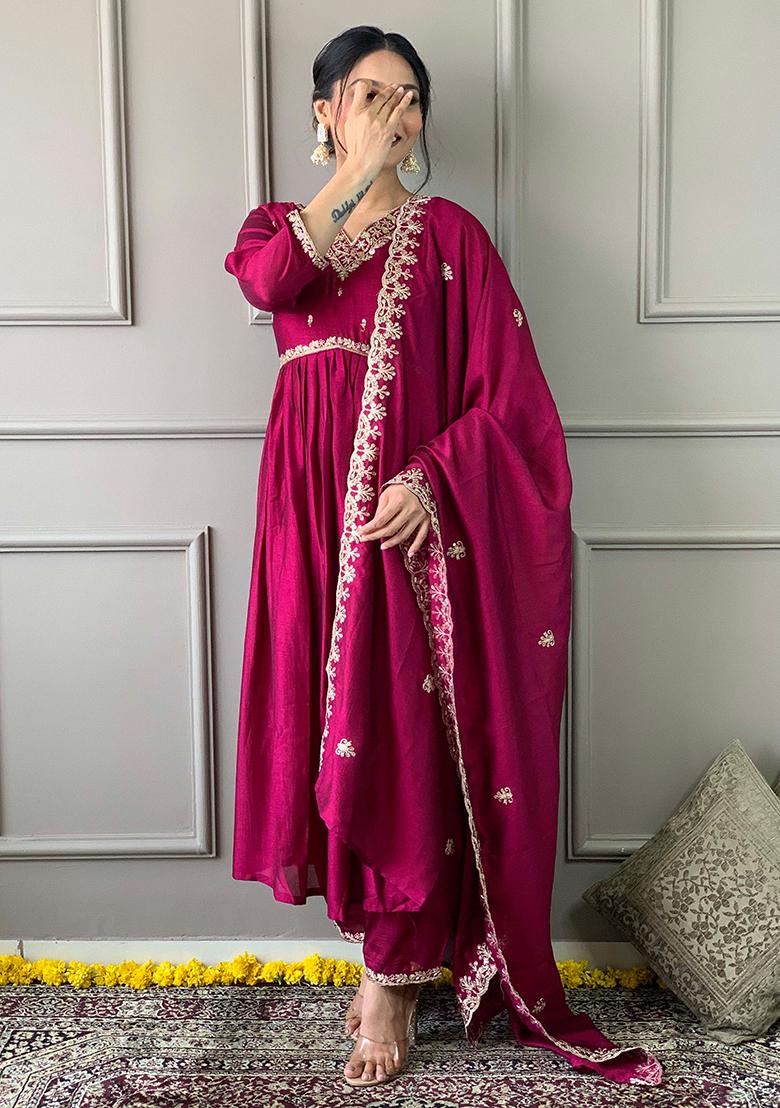Rani Pink Thread Embroidered Silk Kurta Set