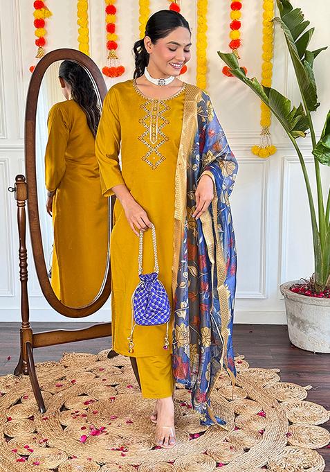 Mustard Thread Embroidered Viscose Kurta Set