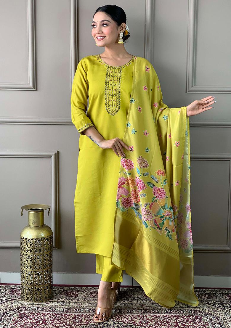 Lemon Yellow Thread Embroidered Viscose Kurta Set