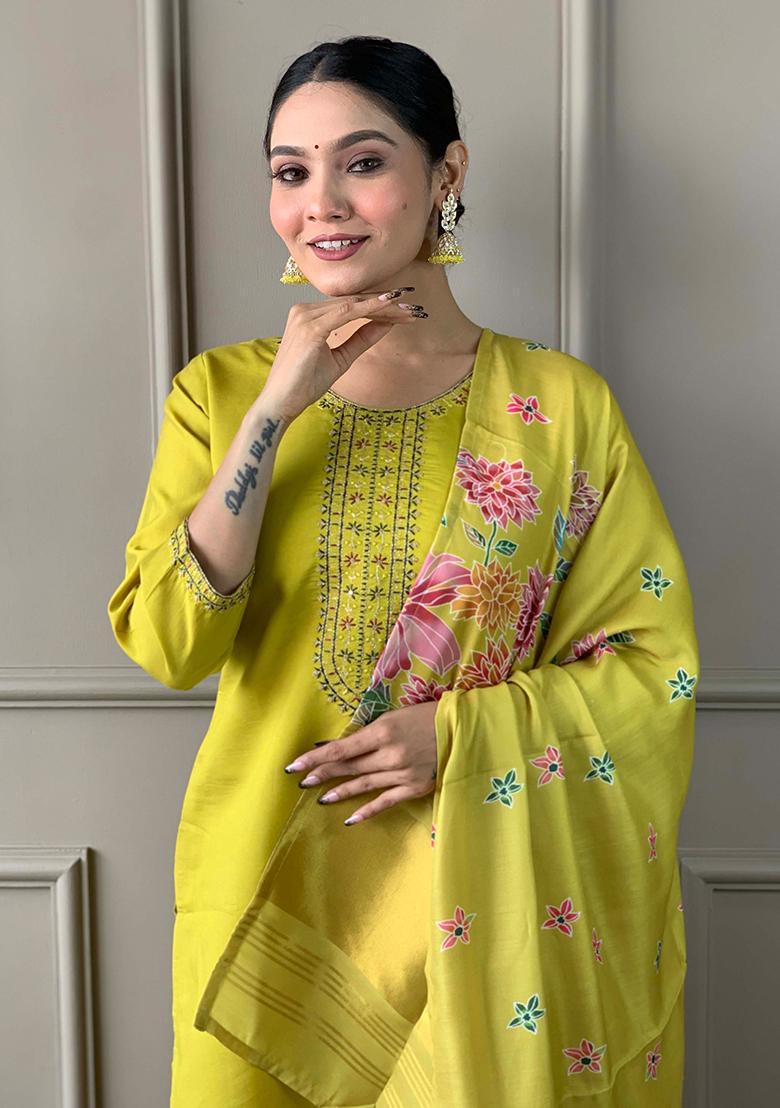 Lemon Yellow Thread Embroidered Viscose Kurta Set