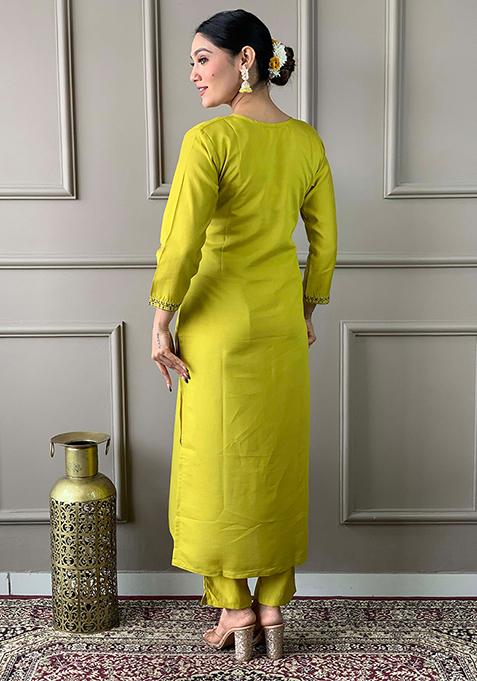 Buy Women Lemon Yellow Thread Embroidered Viscose Kurta Set - XKS08857 - Three Piece Set - Indya