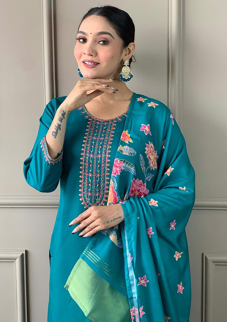 Aqua Blue Thread Embroidered Viscose Kurta Set