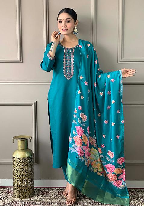 Aqua Blue Thread Embroidered Viscose Kurta Set