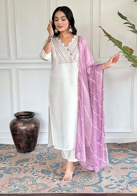 White Thread Embroidered Chanderi Kurta Set