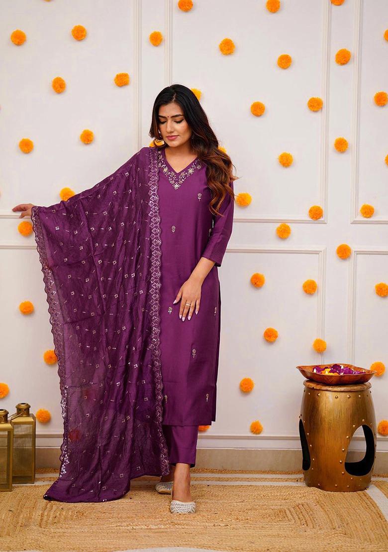 Wine Thread Embroidered Viscose Kurta Set