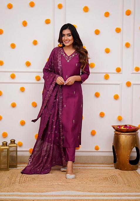 Wine Thread Embroidered Viscose Kurta Set