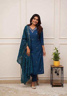 Blue Thread Embroidered Viscose Kurta Set With Dupatta