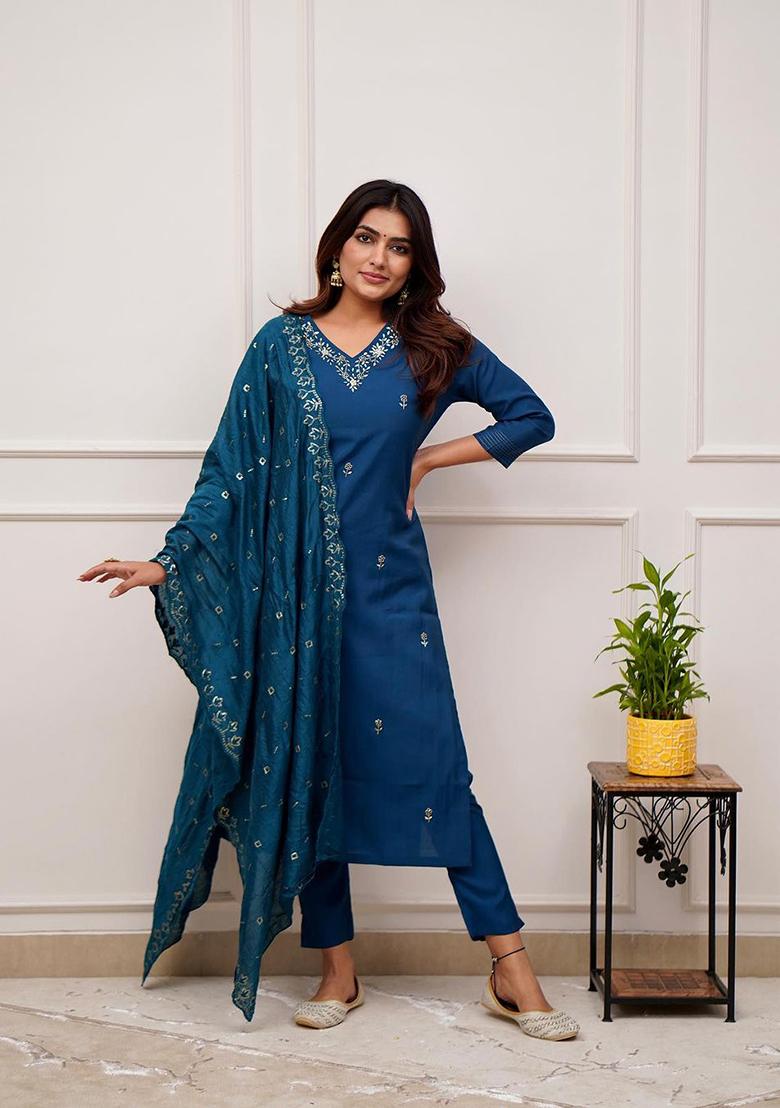 Blue Thread Embroidered Viscose Kurta Set With Dupatta - Indya