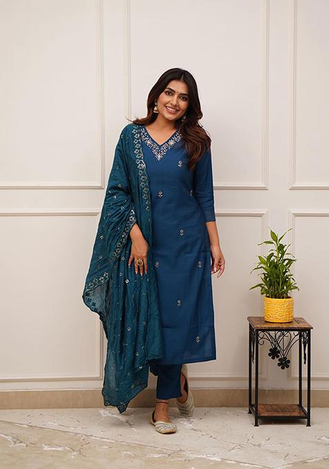 Blue Thread Embroidered Viscose Kurta Set