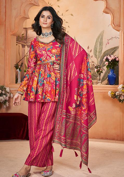 Rani Pink Digital Print Silk Kurta Set