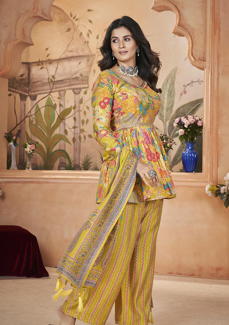 Yellow Digital Print Silk Kurta Set