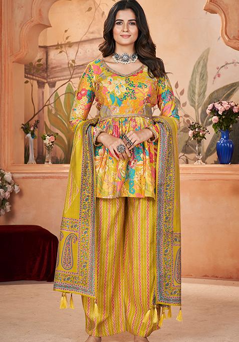 Yellow Digital Print Silk Kurta Set