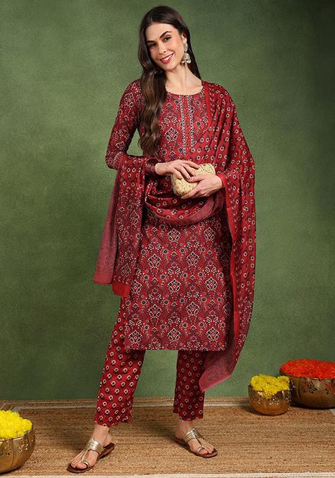 Red Printed Cotton Blend Kurta Set