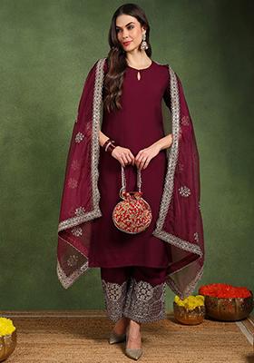 Burgundy Solid Silk Blend Kurta Set