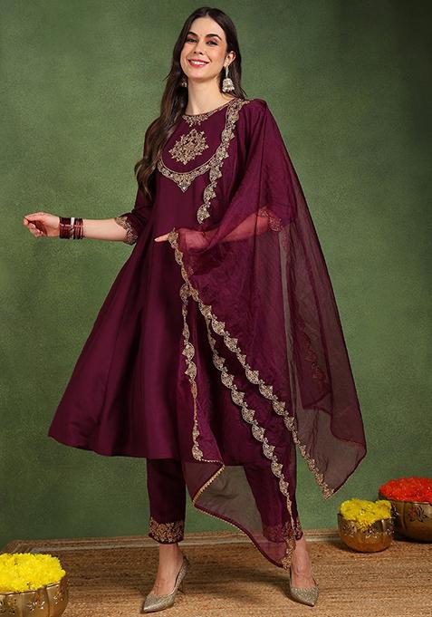 Burgundy Embroidered Silk Blend Kurta Set