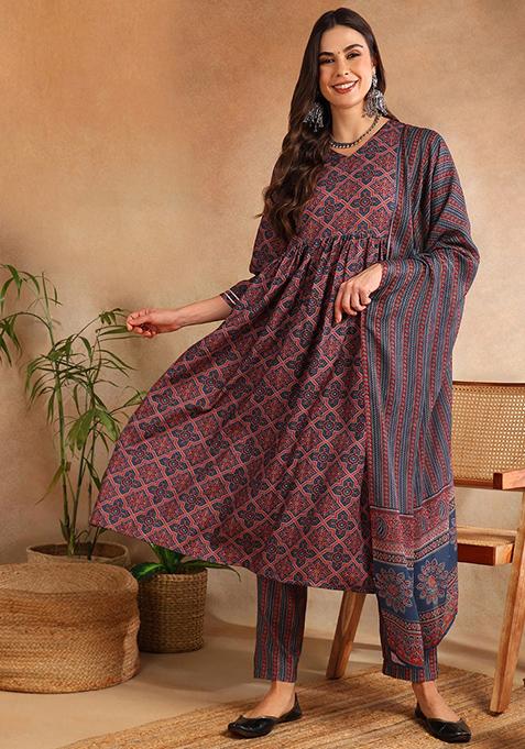 Maroon Printed Cotton Blend Kurta Set