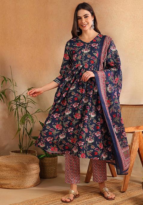 Navy Blue Printed Cotton Blend Kurta Set