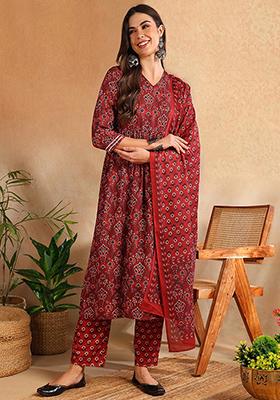 Red Printed Cotton Blend Kurta Set