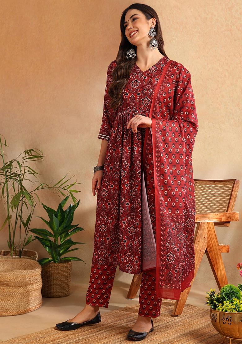 Red Printed Cotton Blend Kurta Set