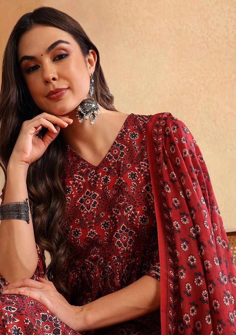 Red Printed Cotton Blend Kurta Set