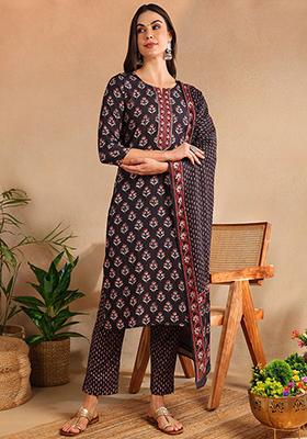 Black Printed Cotton Blend Kurta Set
