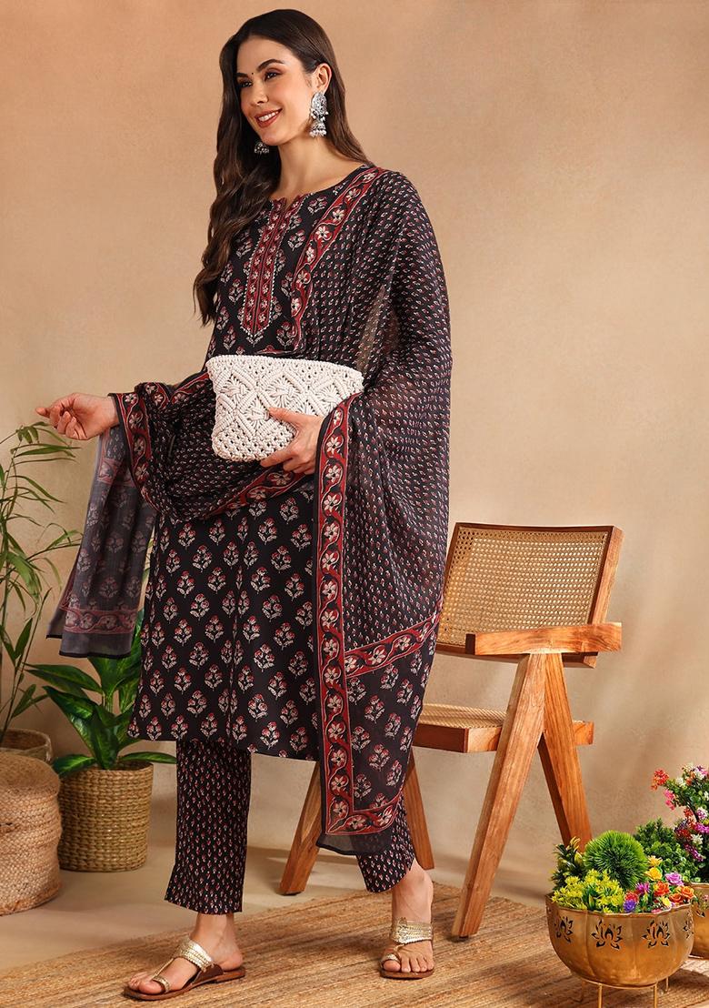 Black Printed Cotton Blend Kurta Set - Indya