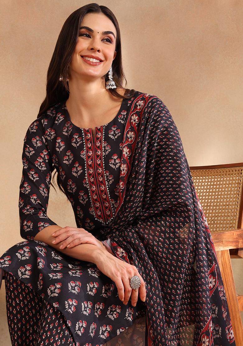 Black Printed Cotton Blend Kurta Set - Indya