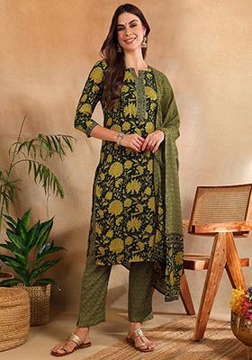 Green Printed Cotton Blend Kurta Set