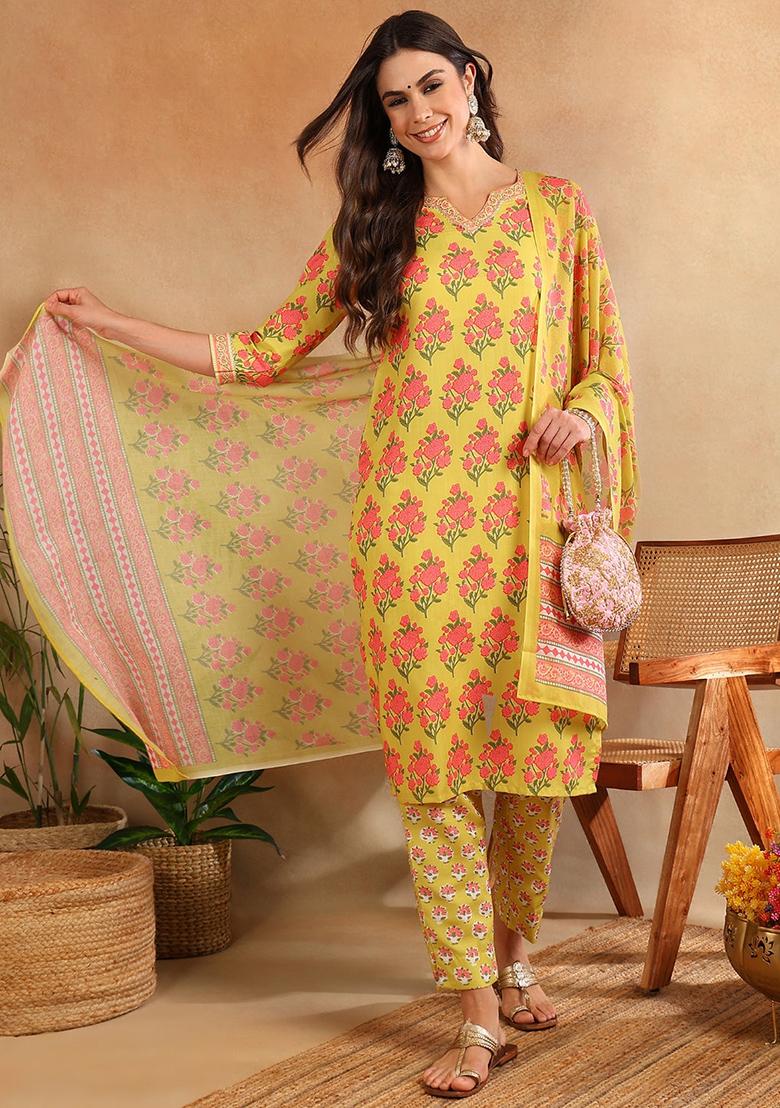 Green Printed Cotton Blend Kurta Set