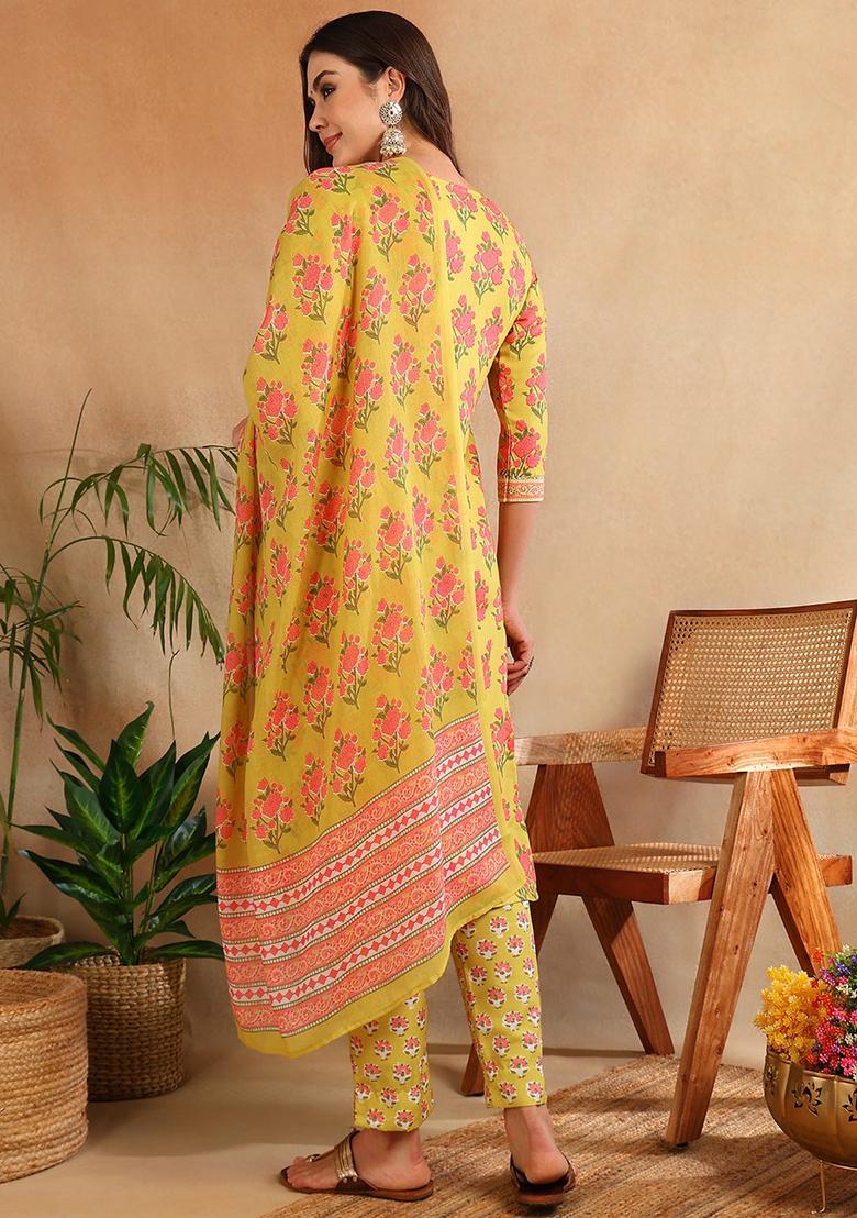 Green Printed Cotton Blend Kurta Set