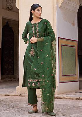 Green Embroidered Silk Blend Kurta Set