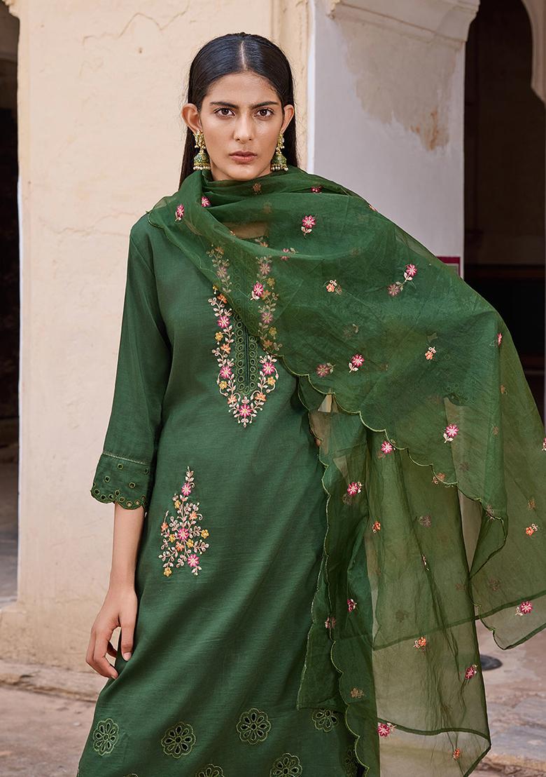 Green Embroidered Silk Blend Kurta Set