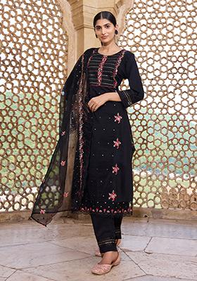 Black Embroidered Silk Blend Kurta Set