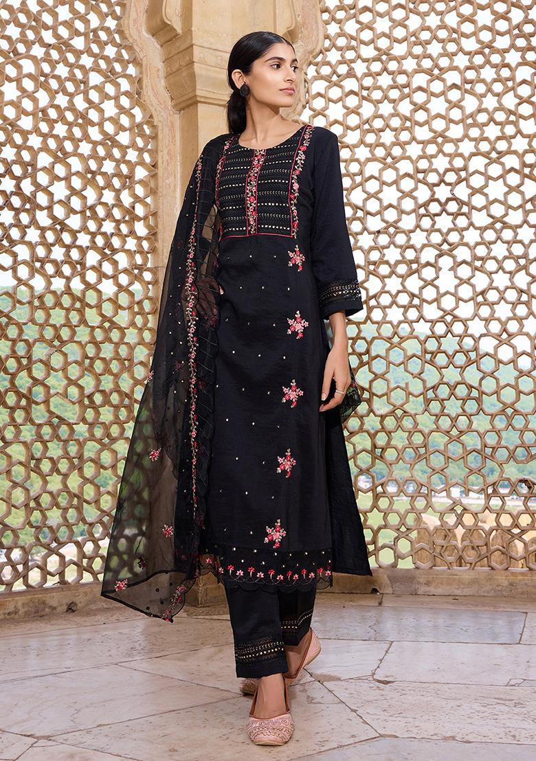 Black Embroidered Silk Blend Kurta Set