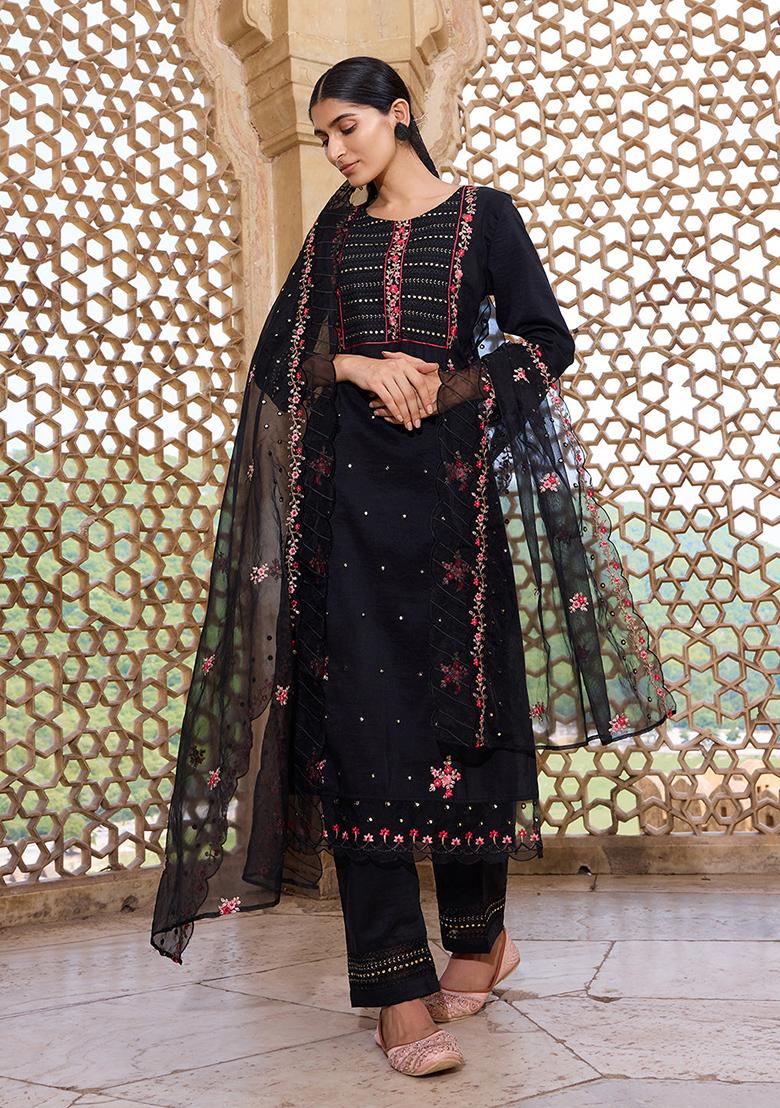 Black Embroidered Silk Blend Kurta Set