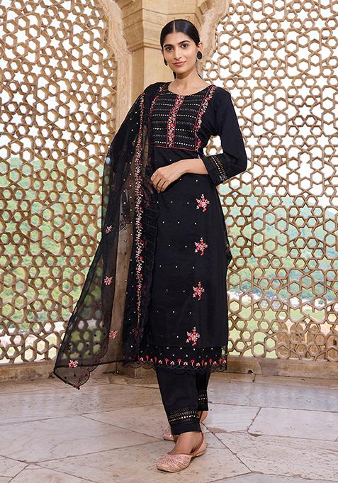 Black Embroidered Silk Blend Kurta Set