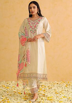 Off White Embroidered Silk Blend Kurta Set