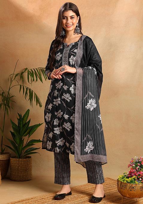 Black Printed Cotton Blend Kurta Set