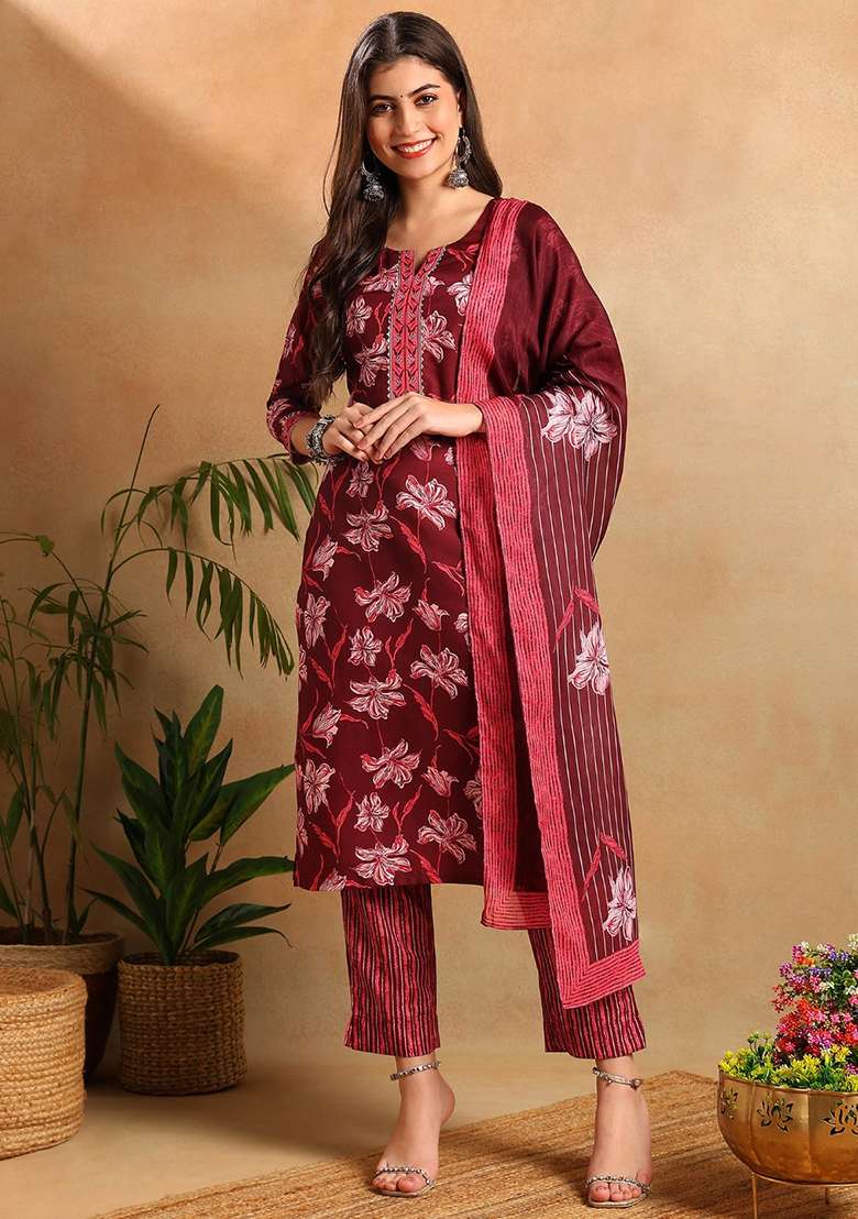Maroon Printed Blended Straight Kurta Set - Indya