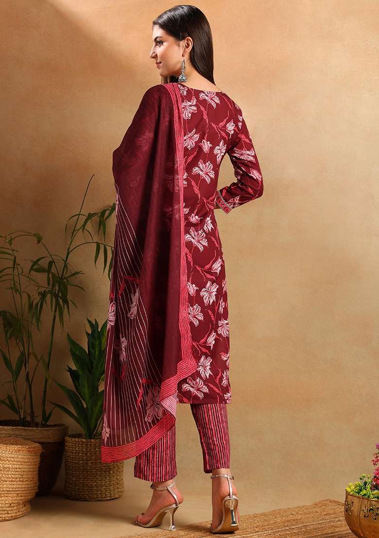 Maroon Printed Blended Straight Kurta Set - Indya