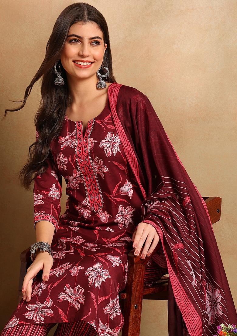 Maroon Printed Cotton Blend Kurta Set