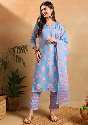 Blue Printed Cotton Blend Kurta Set