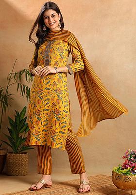Yellow Printed Cotton Blend Kurta Set