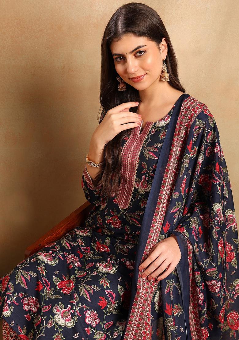 Navy Blue Printed Cotton Blend Kurta Set - Indya
