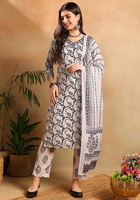 Navy Blue Printed Cotton Blend Kurta Set