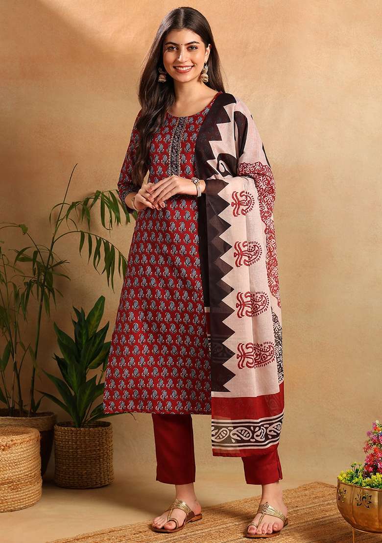 Maroon Printed Cotton Straight Kurta Set - Indya