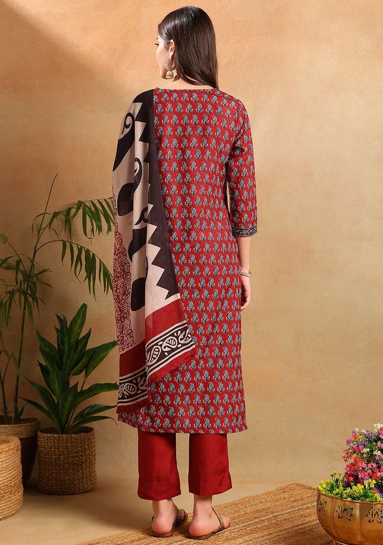 Maroon Printed Cotton Straight Kurta Set - Indya