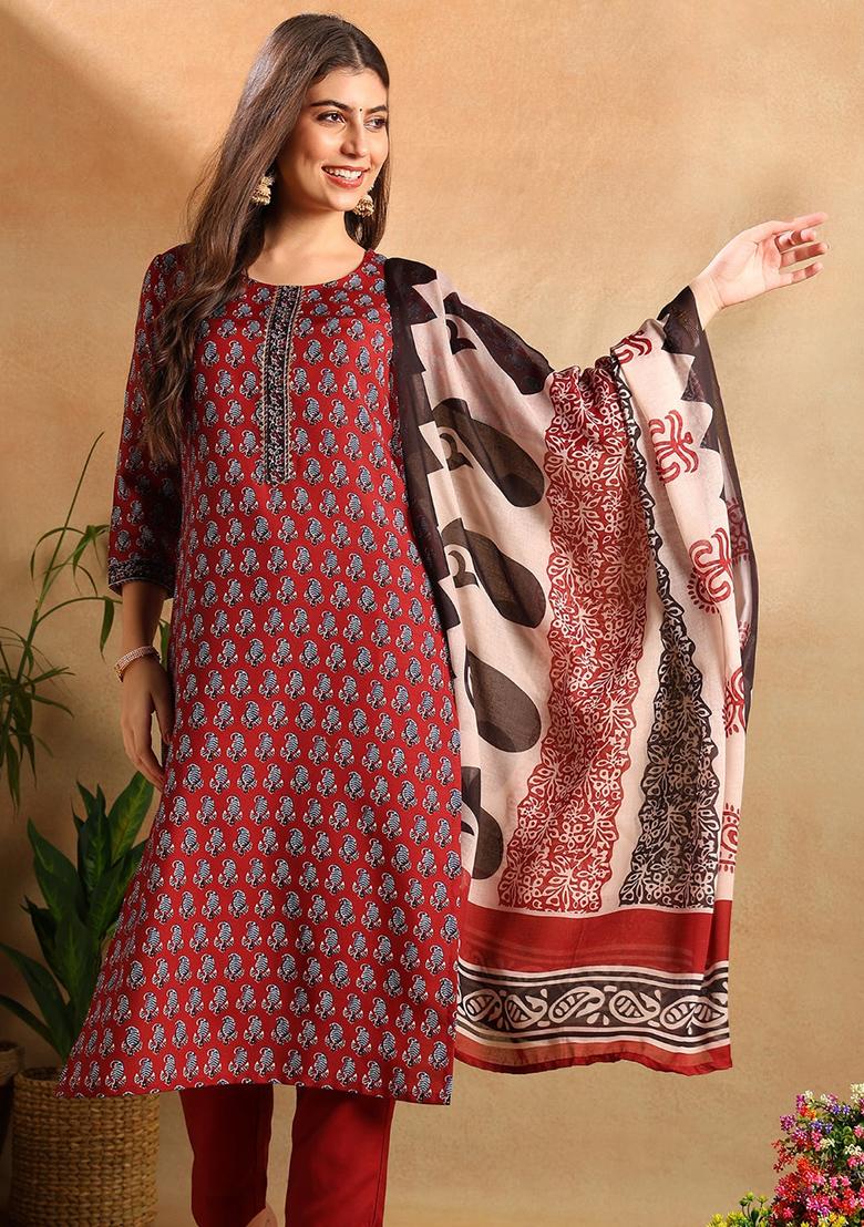 Maroon Printed Cotton Blend Kurta Set